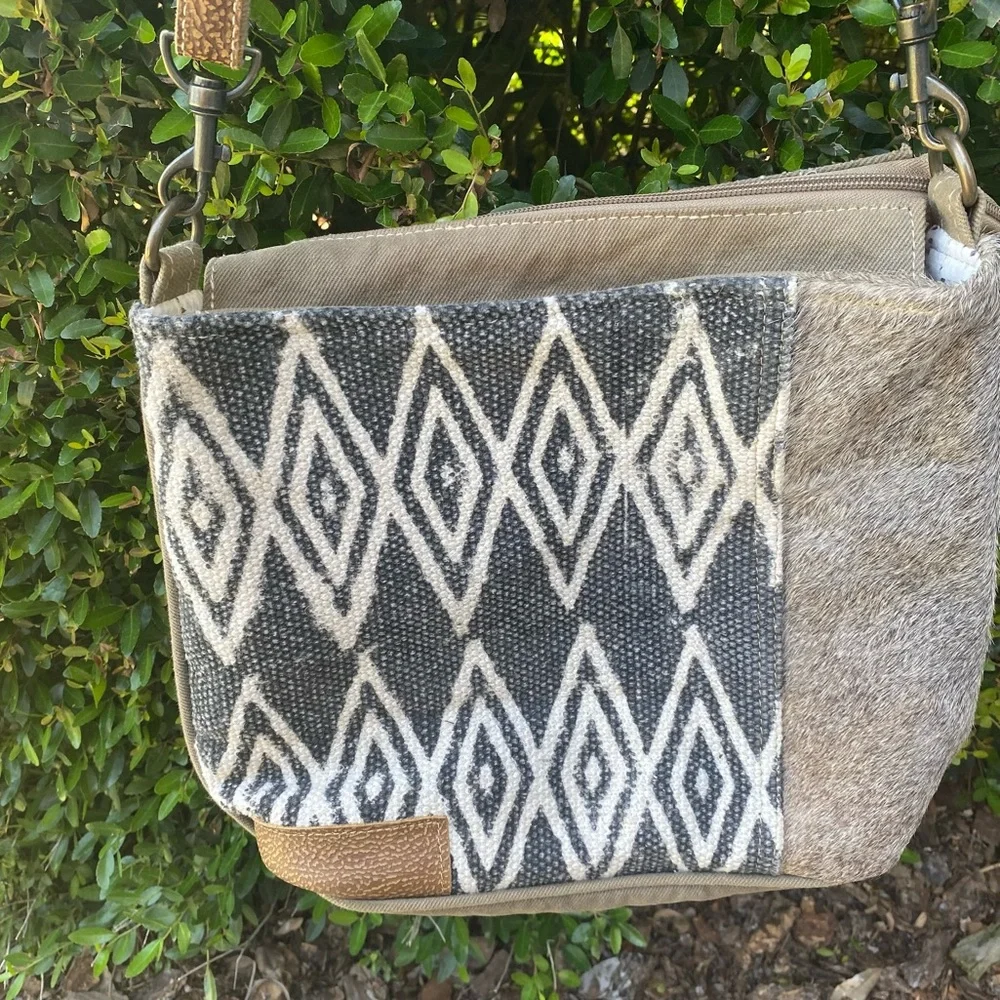 Myra Bag Women's Cerulean Shoulder Bag Upcycled Canvas‎ & Cowhide Boho Aztec